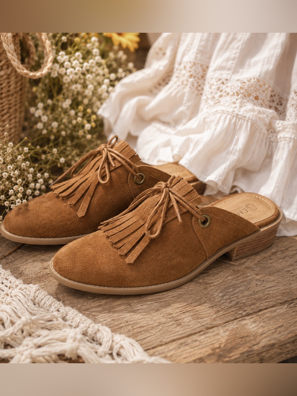 Franco Sarto Ranita Moccasin Mules | Brown Suede Fringe | Size 9 EUC